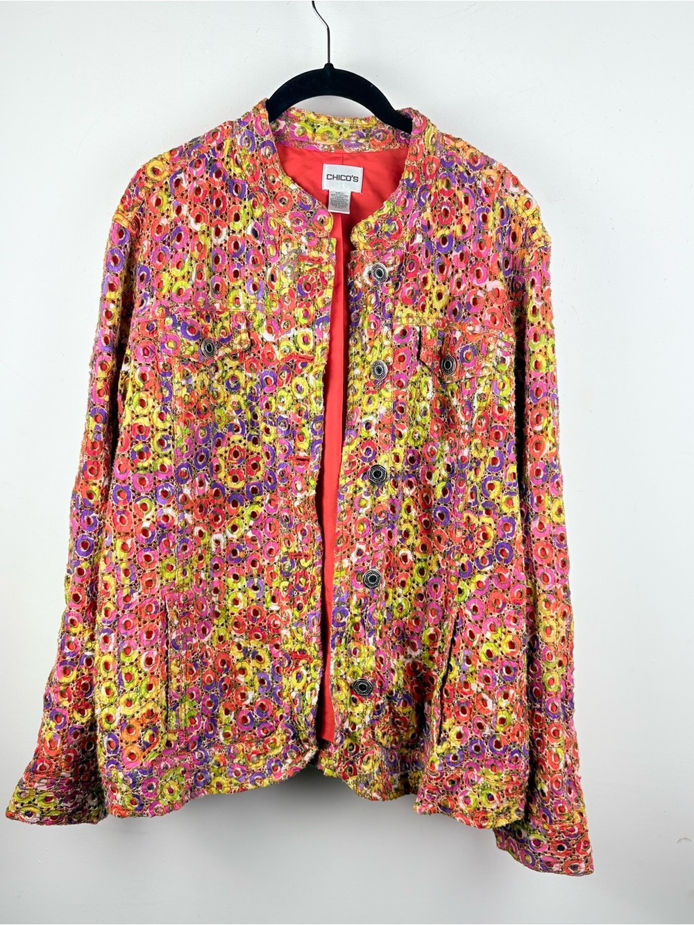 Chico’s Multicolor Eyelet Lace Shacket Jacket Lined Sz 3 XL Boho Hippie Cottage - Picture 2 of 9